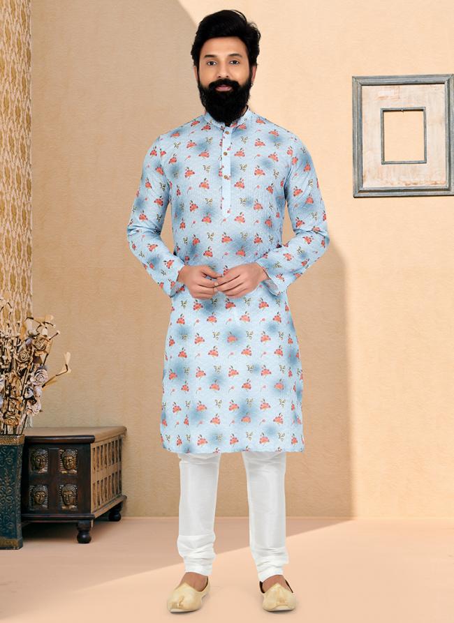 Dhupion Silk Sky Blue Festival Wear Printed Readymade Kurta Pajama